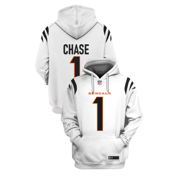 Men's Cincinnati Bengals #1 Ja'Marr Chase 2021 White Pullover Hoodie